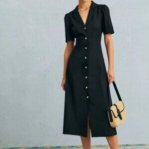 NWT RIHOAS The Black V Neck Button Puff Sleeve Midi Dress